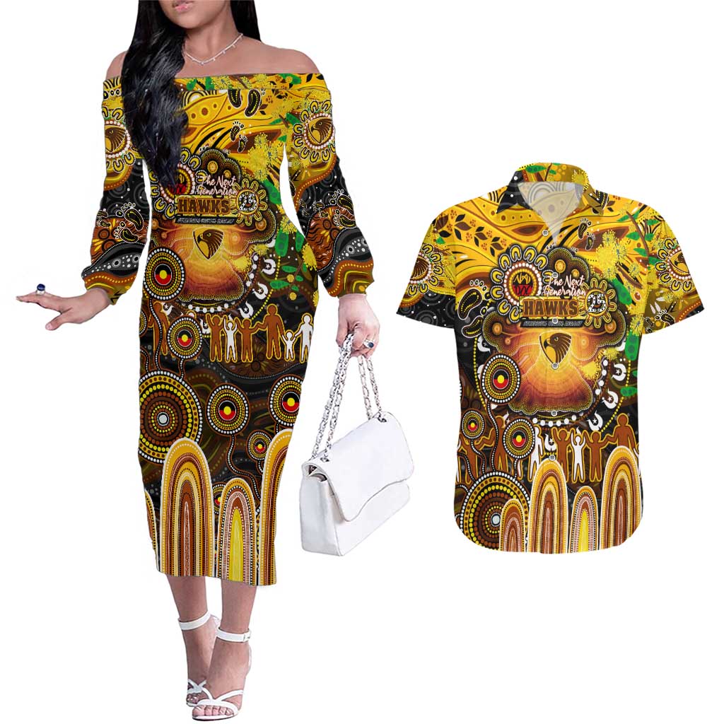 Personalised NAIDOC Week 2025 Hawks Football Couples Matching Off The Shoulder Long Sleeve Dress and Hawaiian Shirt Aboriginal Dot Painting
