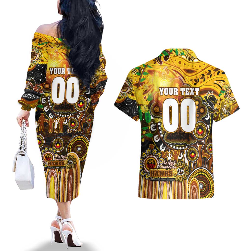 Personalised NAIDOC Week 2025 Hawks Football Couples Matching Off The Shoulder Long Sleeve Dress and Hawaiian Shirt Aboriginal Dot Painting