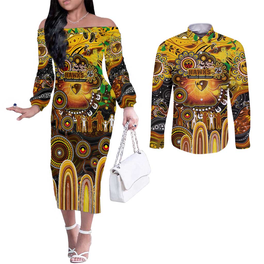 Personalised NAIDOC Week 2025 Hawks Football Couples Matching Off The Shoulder Long Sleeve Dress and Long Sleeve Button Shirt Aboriginal Dot Painting