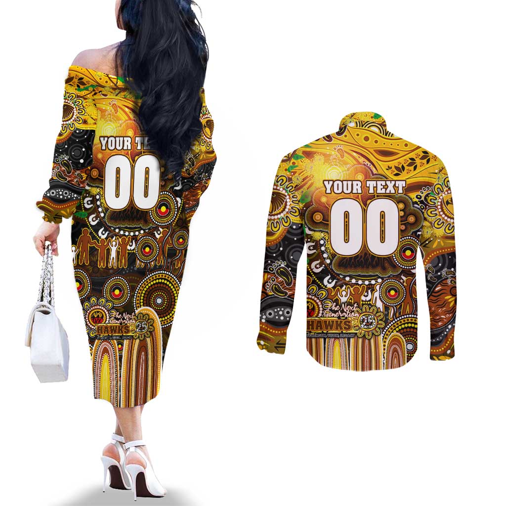 Personalised NAIDOC Week 2025 Hawks Football Couples Matching Off The Shoulder Long Sleeve Dress and Long Sleeve Button Shirt Aboriginal Dot Painting