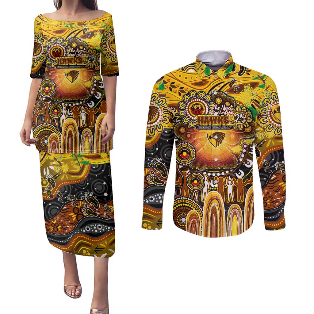 Personalised NAIDOC Week 2025 Hawks Football Couples Matching Puletasi and Long Sleeve Button Shirt Aboriginal Dot Painting