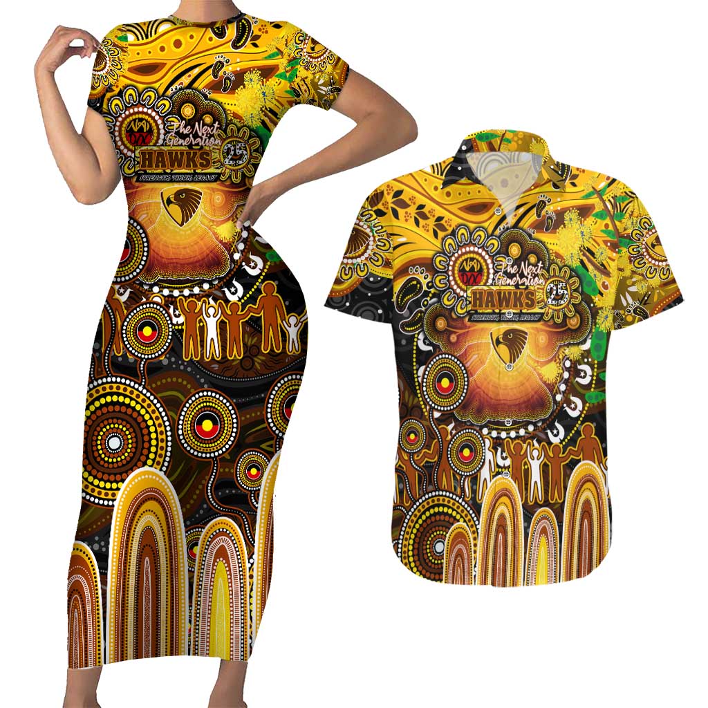 Personalised NAIDOC Week 2025 Hawks Football Couples Matching Short Sleeve Bodycon Dress and Hawaiian Shirt Aboriginal Dot Painting