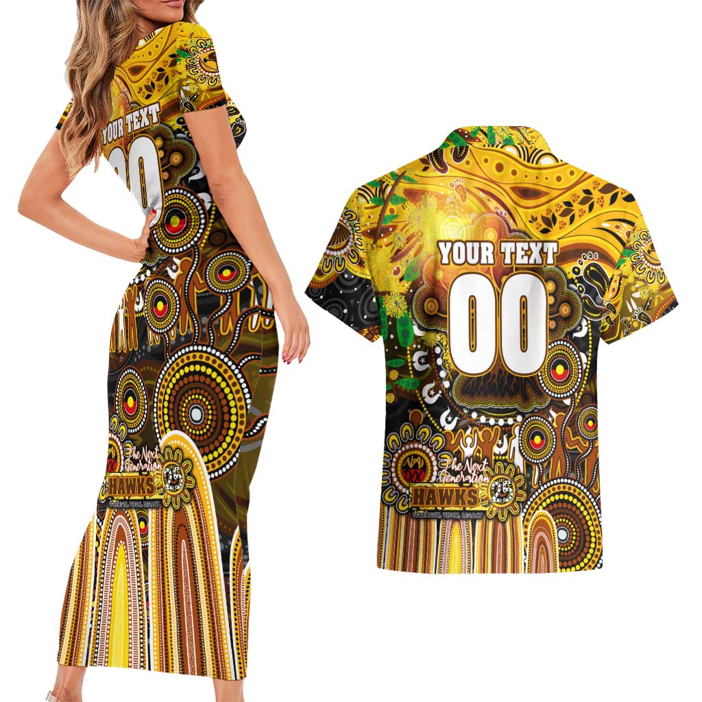 Personalised NAIDOC Week 2025 Hawks Football Couples Matching Short Sleeve Bodycon Dress and Hawaiian Shirt Aboriginal Dot Painting