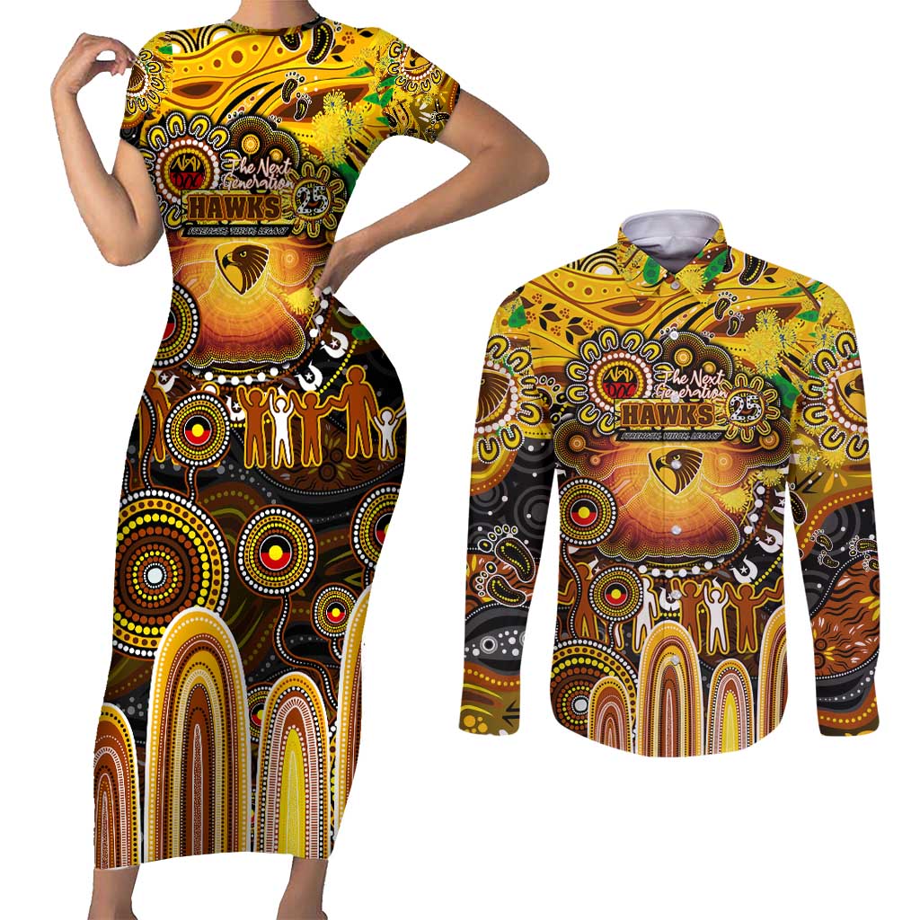 Personalised NAIDOC Week 2025 Hawks Football Couples Matching Short Sleeve Bodycon Dress and Long Sleeve Button Shirt Aboriginal Dot Painting