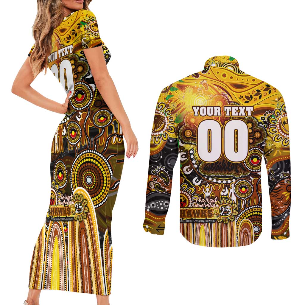 Personalised NAIDOC Week 2025 Hawks Football Couples Matching Short Sleeve Bodycon Dress and Long Sleeve Button Shirt Aboriginal Dot Painting
