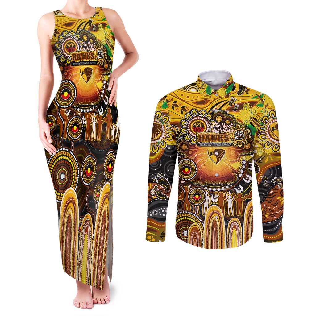Personalised NAIDOC Week 2025 Hawks Football Couples Matching Tank Maxi Dress and Long Sleeve Button Shirt Aboriginal Dot Painting
