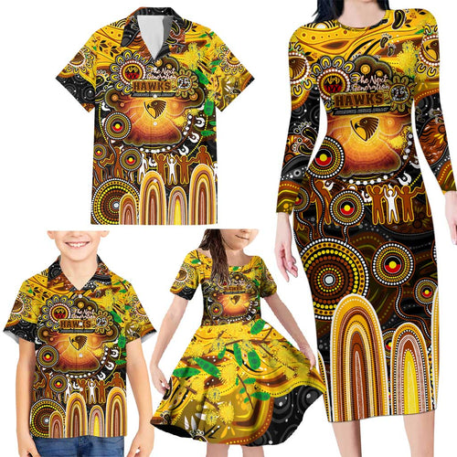 Personalised NAIDOC Week 2025 Hawks Football Family Matching Long Sleeve Bodycon Dress and Hawaiian Shirt Aboriginal Dot Painting