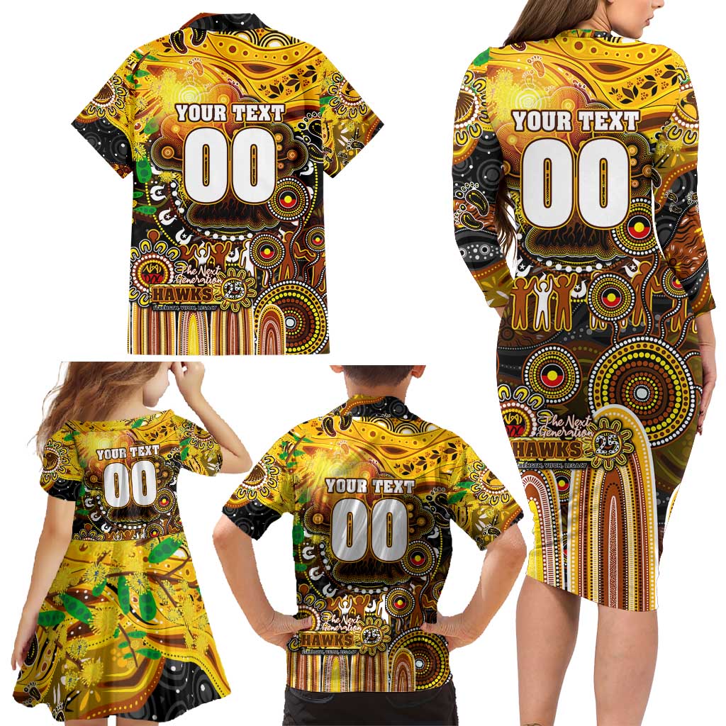 Personalised NAIDOC Week 2025 Hawks Football Family Matching Long Sleeve Bodycon Dress and Hawaiian Shirt Aboriginal Dot Painting