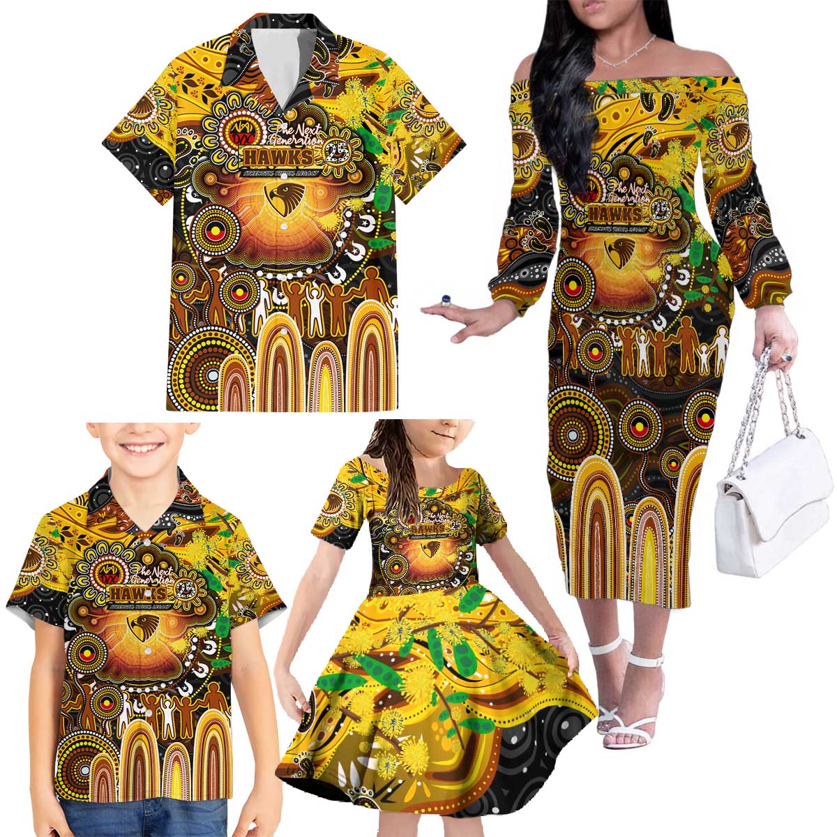 Personalised NAIDOC Week 2025 Hawks Football Family Matching Off The Shoulder Long Sleeve Dress and Hawaiian Shirt Aboriginal Dot Painting