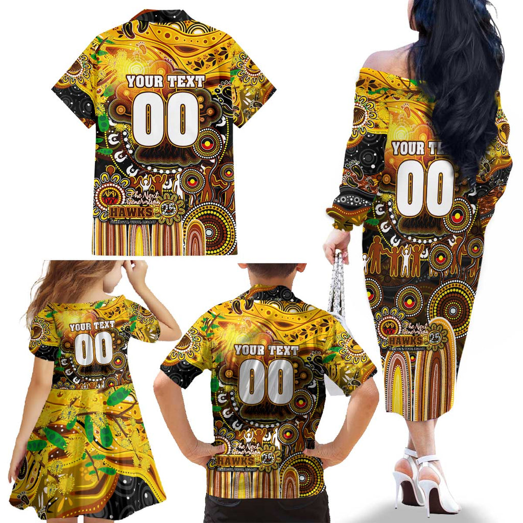 Personalised NAIDOC Week 2025 Hawks Football Family Matching Off The Shoulder Long Sleeve Dress and Hawaiian Shirt Aboriginal Dot Painting