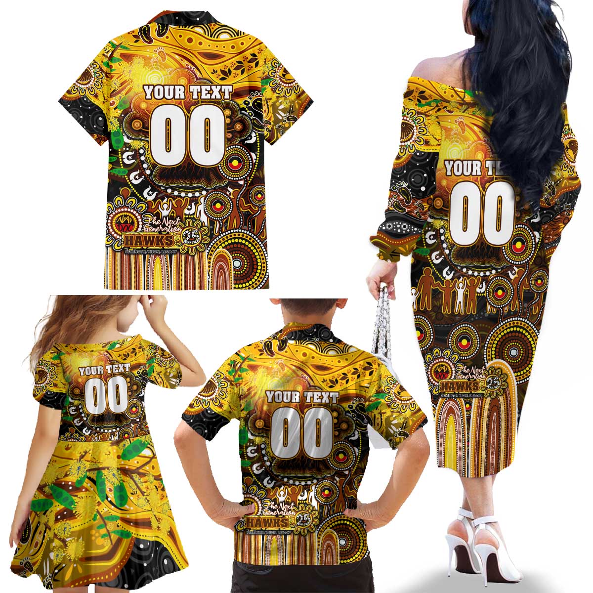Personalised NAIDOC Week 2025 Hawks Football Family Matching Off The Shoulder Long Sleeve Dress and Hawaiian Shirt Aboriginal Dot Painting