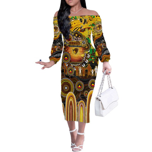 Personalised NAIDOC Week 2025 Hawks Football Family Matching Off The Shoulder Long Sleeve Dress and Hawaiian Shirt Aboriginal Dot Painting