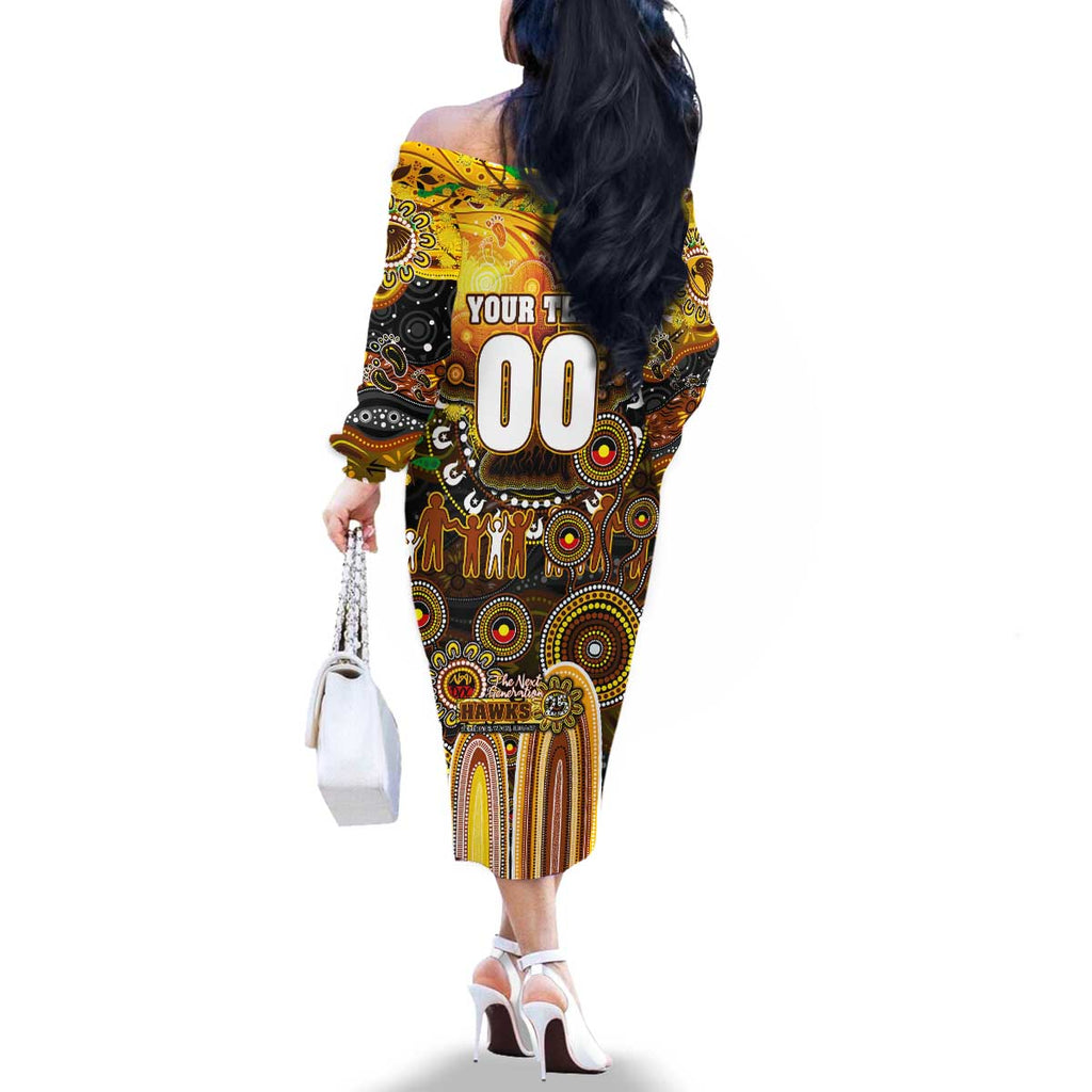 Personalised NAIDOC Week 2025 Hawks Football Family Matching Off The Shoulder Long Sleeve Dress and Hawaiian Shirt Aboriginal Dot Painting