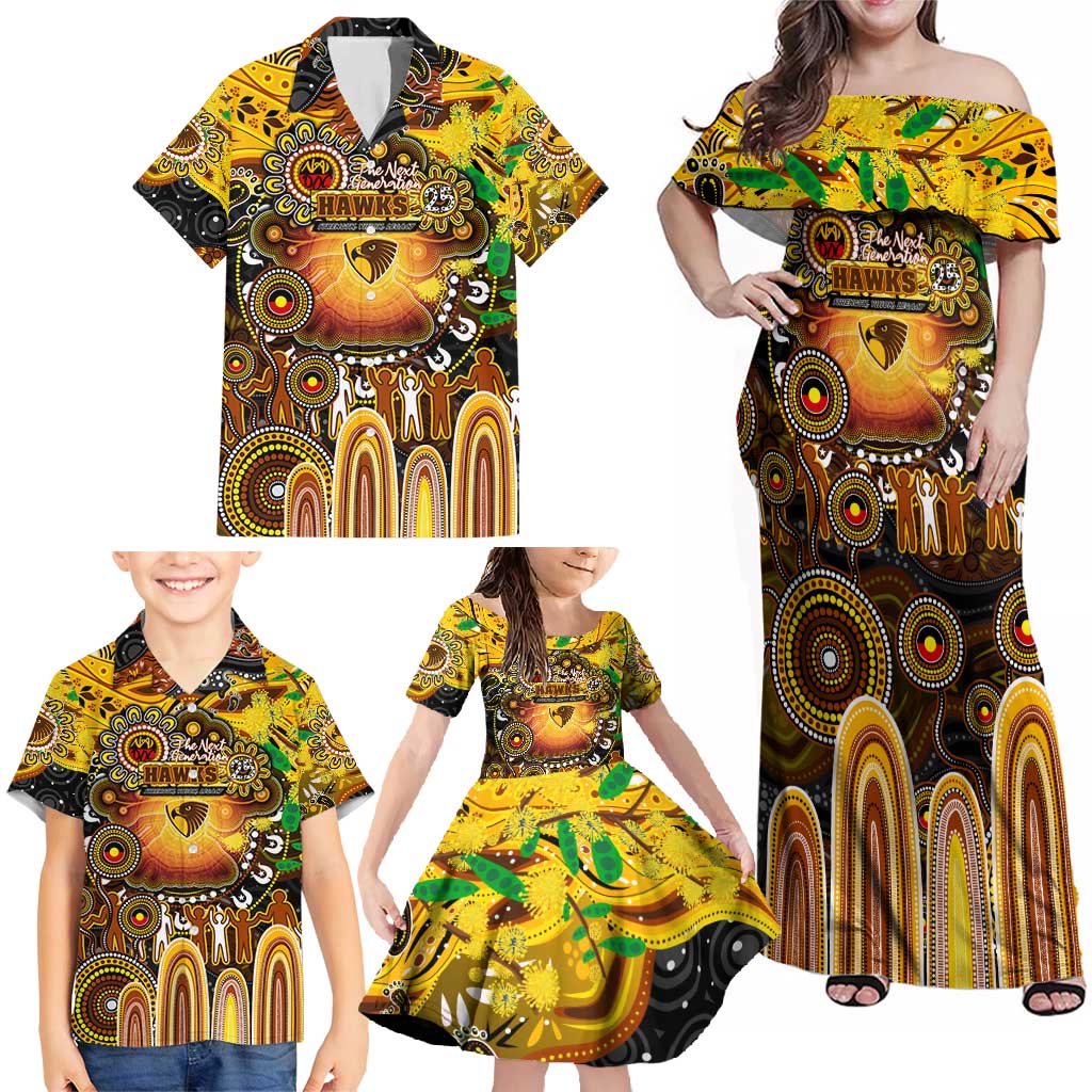 Personalised NAIDOC Week 2025 Hawks Football Family Matching Off Shoulder Maxi Dress and Hawaiian Shirt Aboriginal Dot Painting