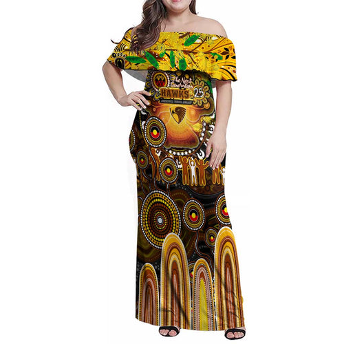 Personalised NAIDOC Week 2025 Hawks Football Family Matching Off Shoulder Maxi Dress and Hawaiian Shirt Aboriginal Dot Painting