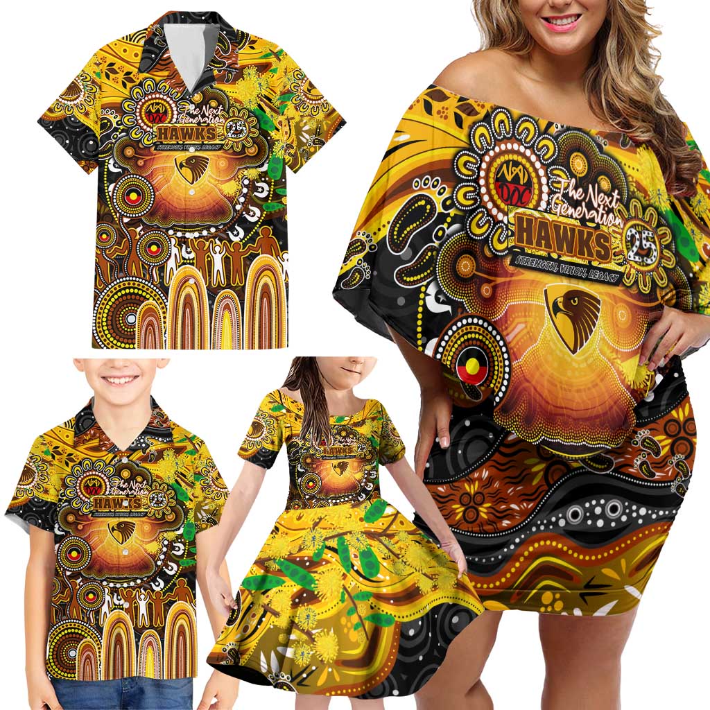 Personalised NAIDOC Week 2025 Hawks Football Family Matching Off Shoulder Short Dress and Hawaiian Shirt Aboriginal Dot Painting
