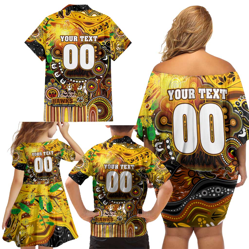 Personalised NAIDOC Week 2025 Hawks Football Family Matching Off Shoulder Short Dress and Hawaiian Shirt Aboriginal Dot Painting