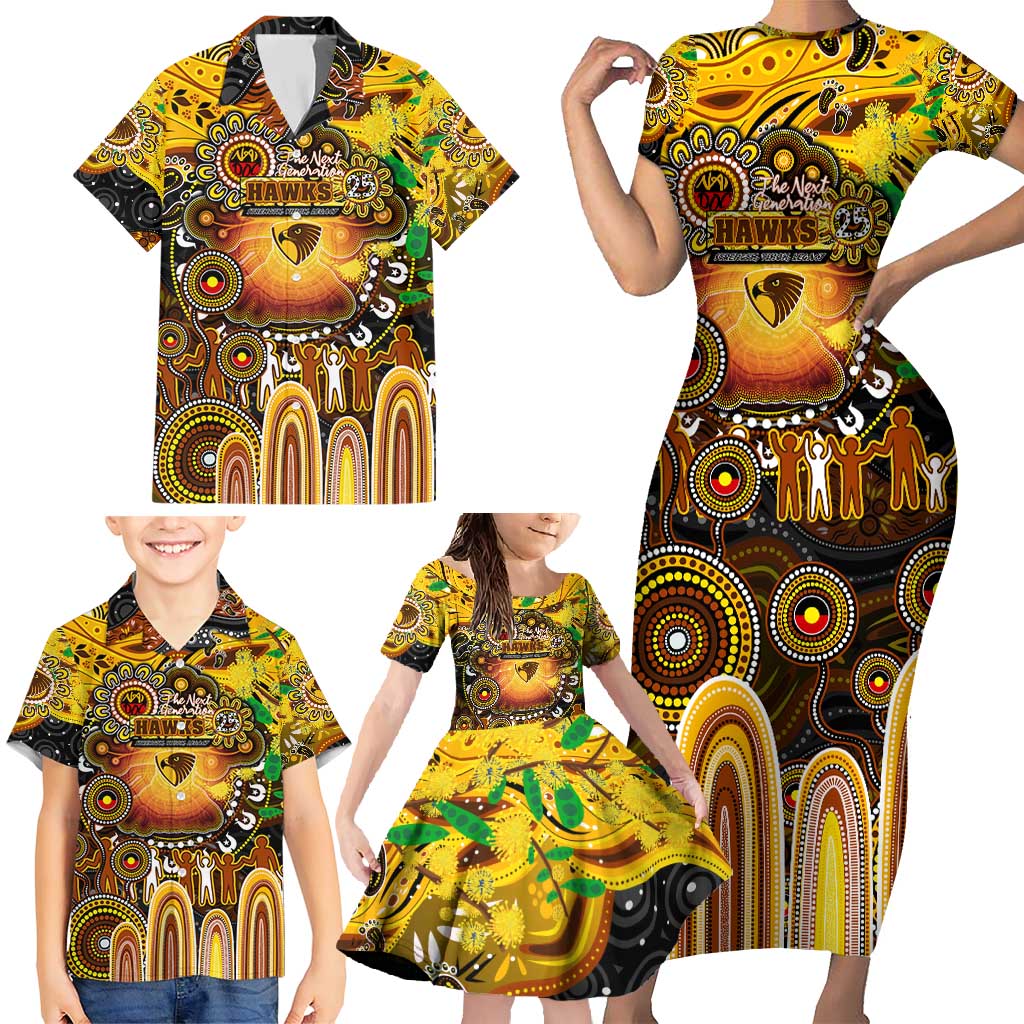 Personalised NAIDOC Week 2025 Hawks Football Family Matching Short Sleeve Bodycon Dress and Hawaiian Shirt Aboriginal Dot Painting
