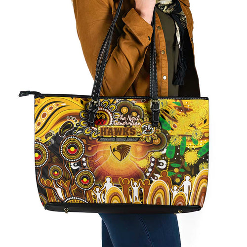 NAIDOC Week 2025 Hawks Football Leather Tote Bag Aboriginal Dot Painting