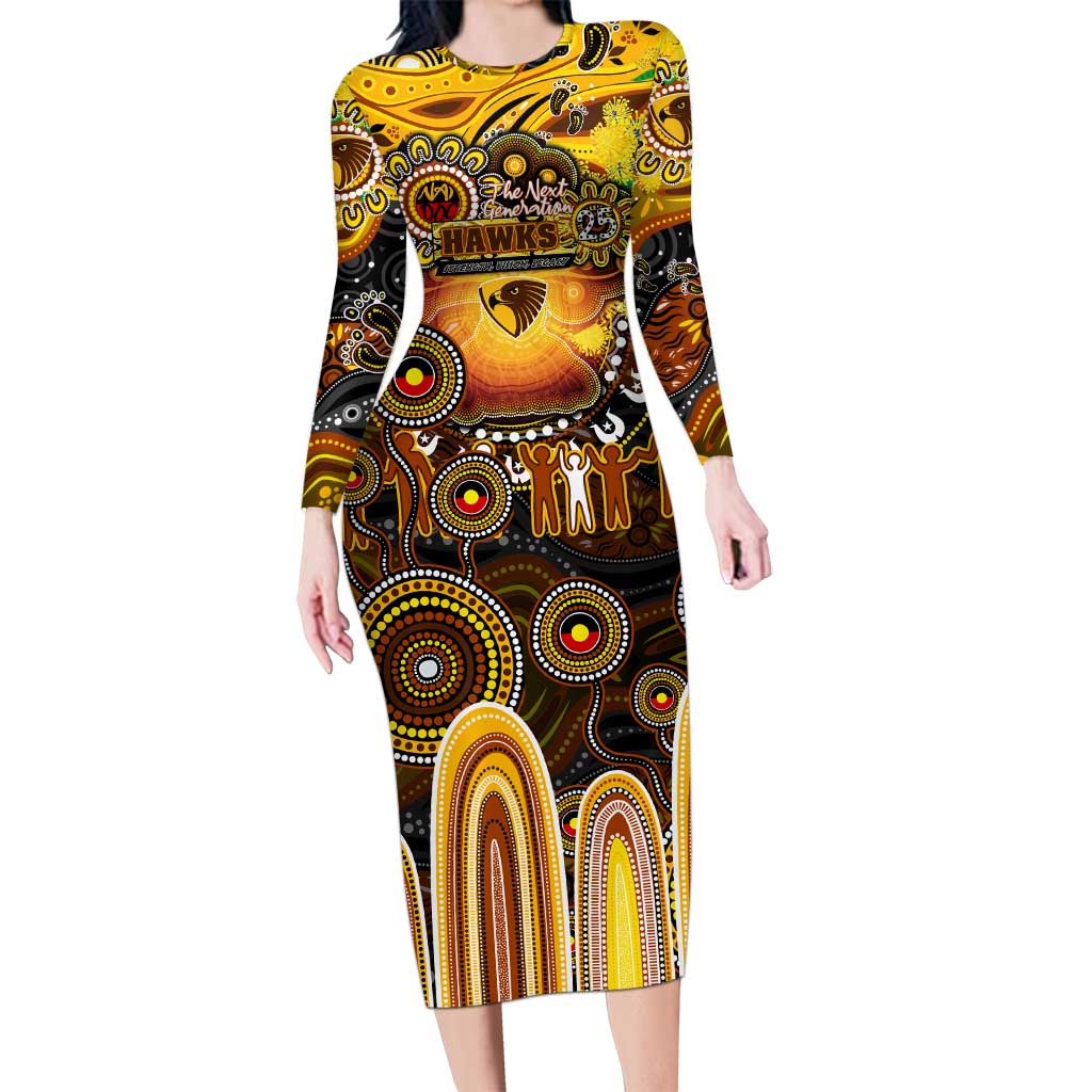 Personalised NAIDOC Week 2025 Hawks Football Long Sleeve Bodycon Dress Aboriginal Dot Painting