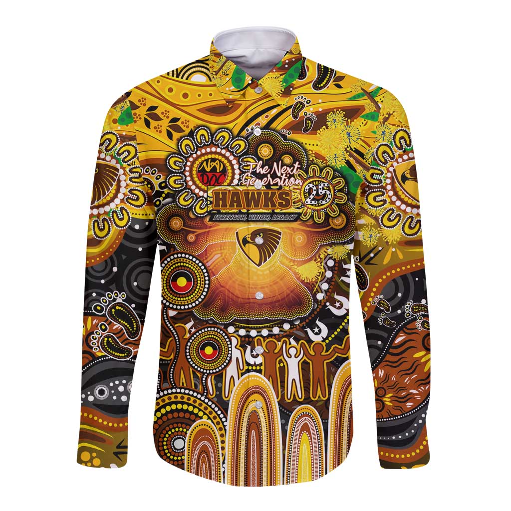 Personalised NAIDOC Week 2025 Hawks Football Long Sleeve Button Shirt Aboriginal Dot Painting