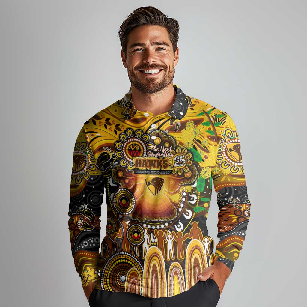 Personalised NAIDOC Week 2025 Hawks Football Long Sleeve Polo Shirt Aboriginal Dot Painting