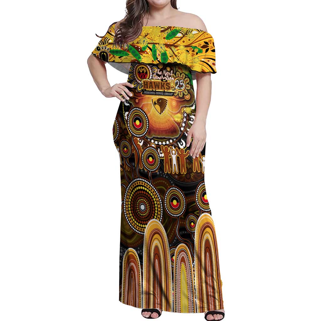 Personalised NAIDOC Week 2025 Hawks Football Off Shoulder Maxi Dress Aboriginal Dot Painting