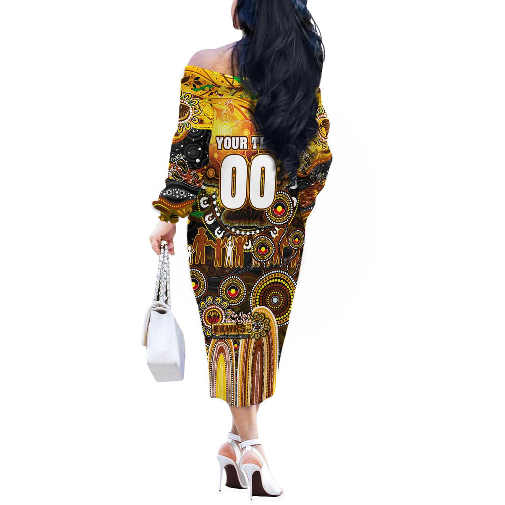 Personalised NAIDOC Week 2025 Hawks Football Off The Shoulder Long Sleeve Dress Aboriginal Dot Painting