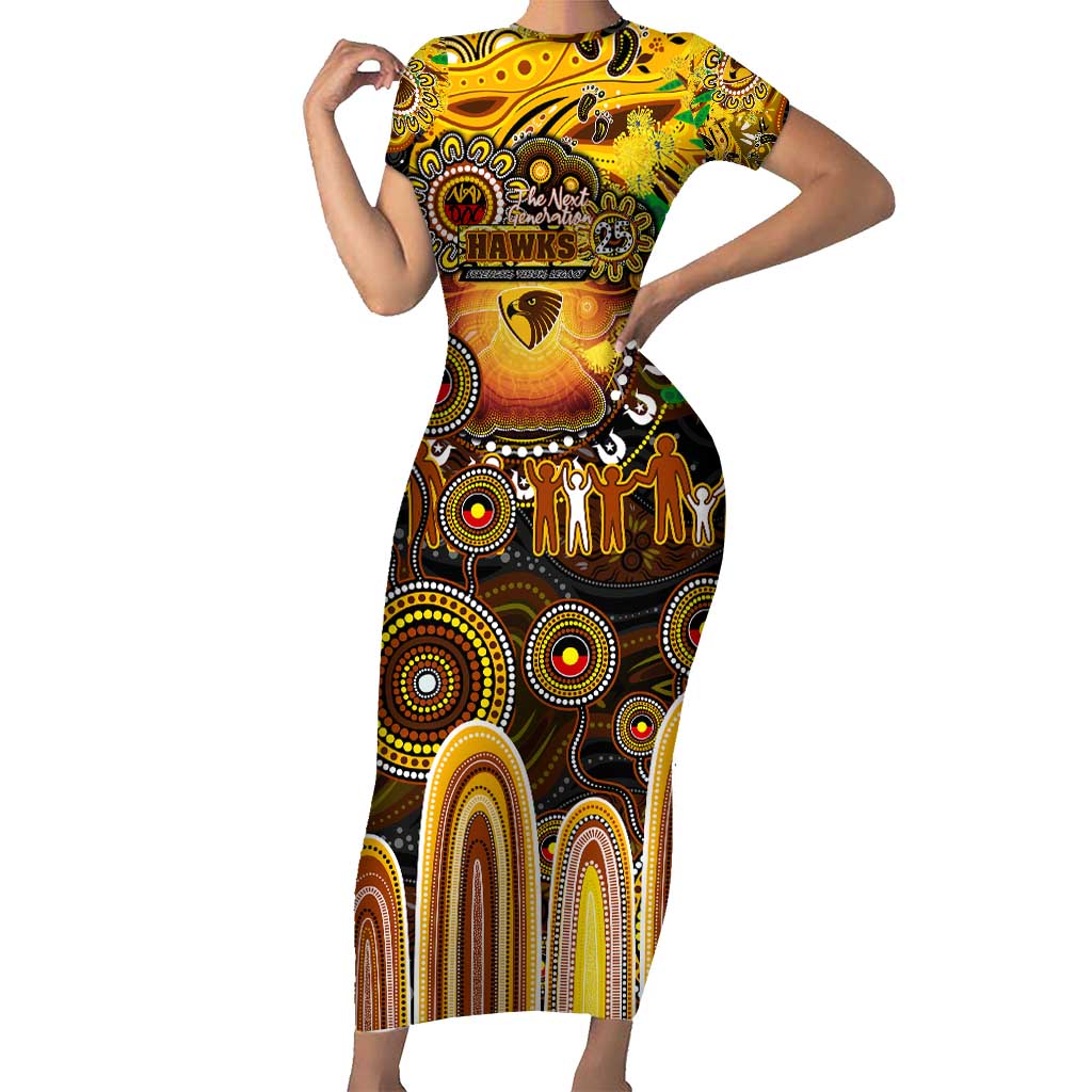 Personalised NAIDOC Week 2025 Hawks Football Short Sleeve Bodycon Dress Aboriginal Dot Painting