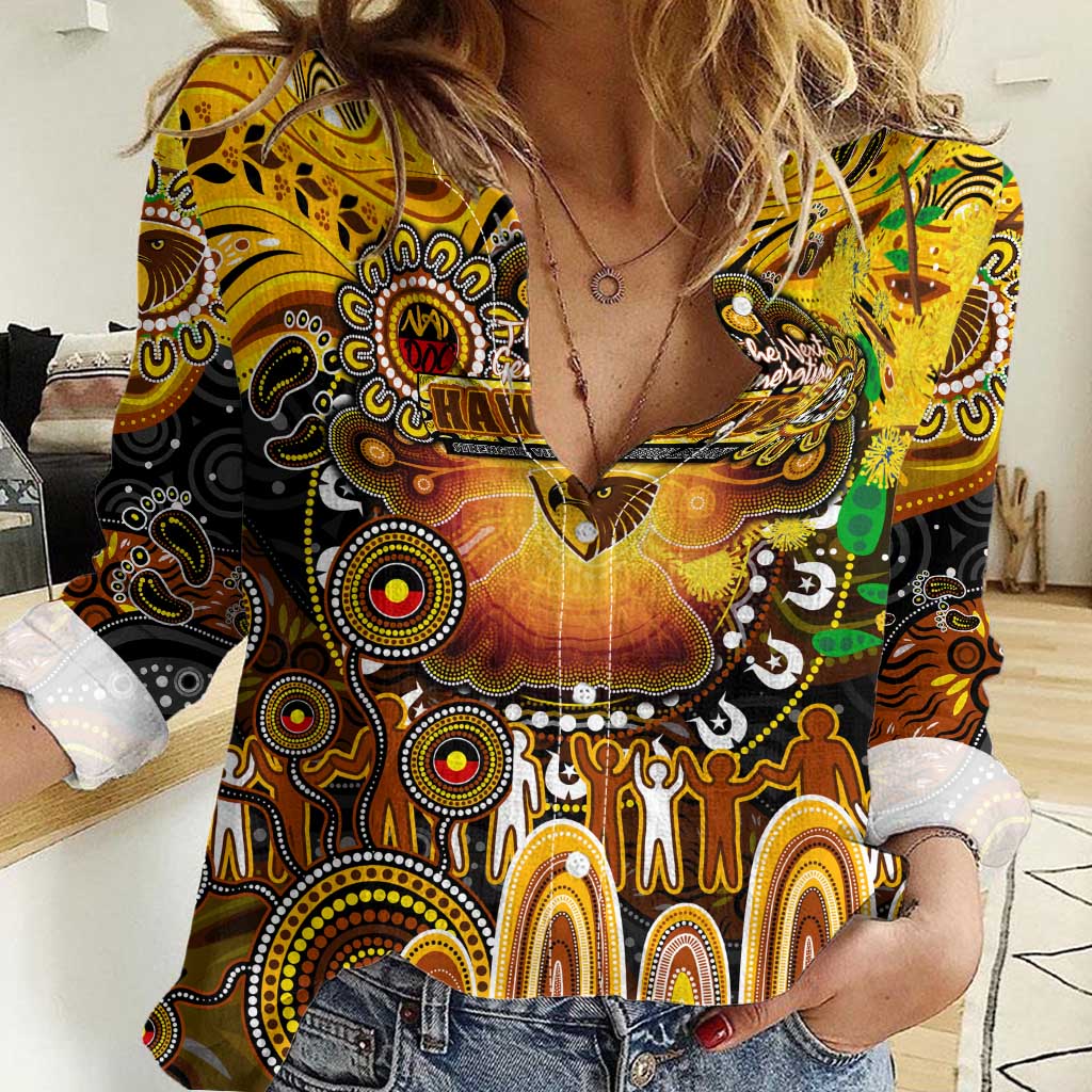 Personalised NAIDOC Week 2025 Hawks Football Women Casual Shirt Aboriginal Dot Painting