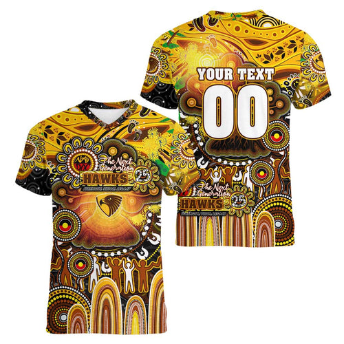 Personalised NAIDOC Week 2025 Hawks Football Women V-Neck T-Shirt Aboriginal Dot Painting