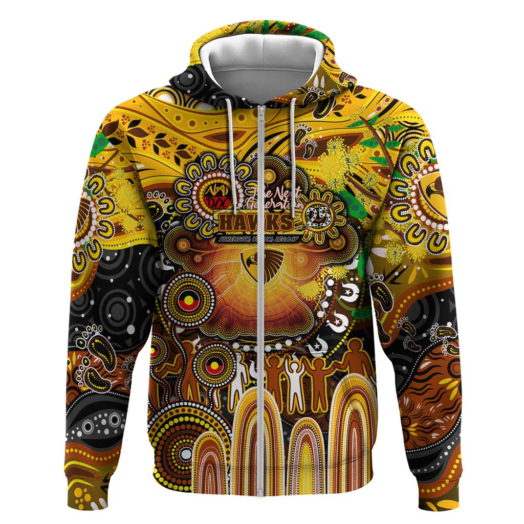 Personalised NAIDOC Week 2025 Hawks Football Zip Hoodie Aboriginal Dot Painting