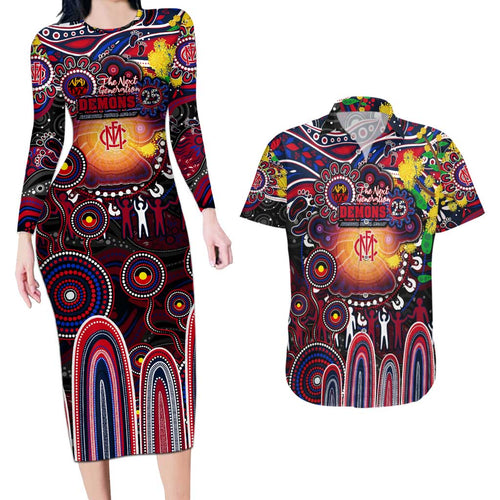 Personalised NAIDOC Week 2025 Demons Football Couples Matching Long Sleeve Bodycon Dress and Hawaiian Shirt Aboriginal Dot Painting