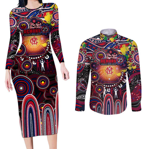 Personalised NAIDOC Week 2025 Demons Football Couples Matching Long Sleeve Bodycon Dress and Long Sleeve Button Shirt Aboriginal Dot Painting