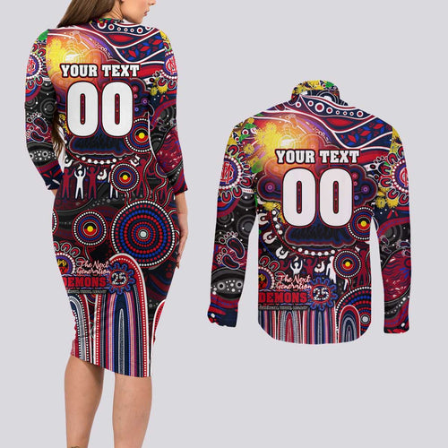 Personalised NAIDOC Week 2025 Demons Football Couples Matching Long Sleeve Bodycon Dress and Long Sleeve Button Shirt Aboriginal Dot Painting