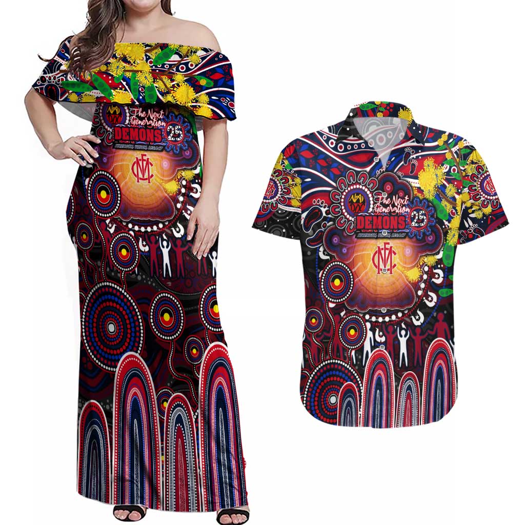 Personalised NAIDOC Week 2025 Demons Football Couples Matching Off Shoulder Maxi Dress and Hawaiian Shirt Aboriginal Dot Painting