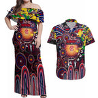 Personalised NAIDOC Week 2025 Demons Football Couples Matching Off Shoulder Maxi Dress and Hawaiian Shirt Aboriginal Dot Painting