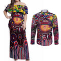 Personalised NAIDOC Week 2025 Demons Football Couples Matching Off Shoulder Maxi Dress and Long Sleeve Button Shirt Aboriginal Dot Painting