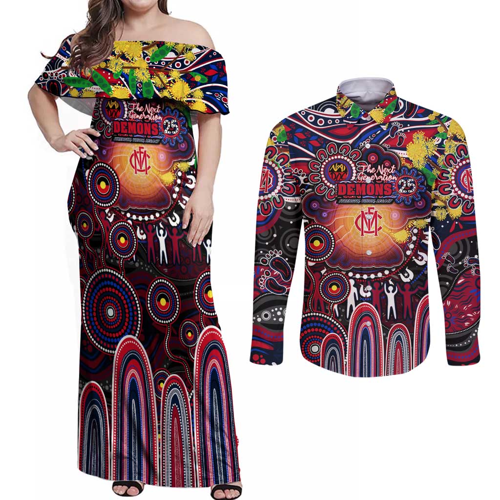 Personalised NAIDOC Week 2025 Demons Football Couples Matching Off Shoulder Maxi Dress and Long Sleeve Button Shirt Aboriginal Dot Painting