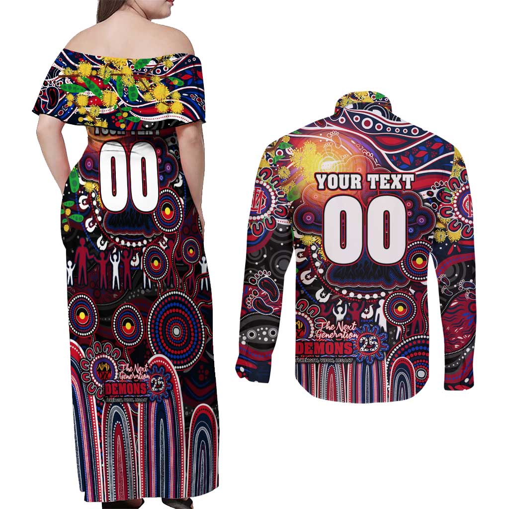 Personalised NAIDOC Week 2025 Demons Football Couples Matching Off Shoulder Maxi Dress and Long Sleeve Button Shirt Aboriginal Dot Painting
