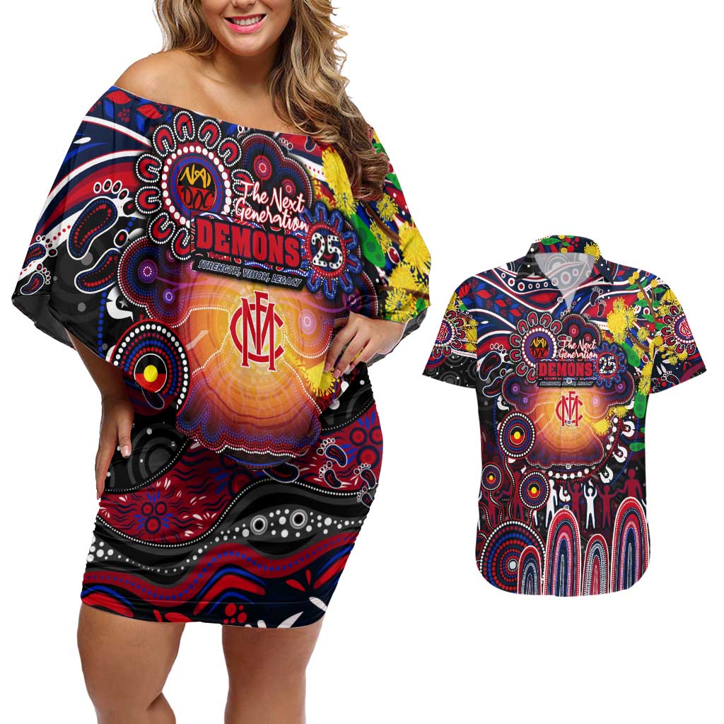 Personalised NAIDOC Week 2025 Demons Football Couples Matching Off Shoulder Short Dress and Hawaiian Shirt Aboriginal Dot Painting