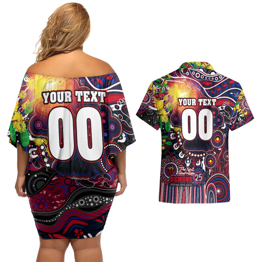 Personalised NAIDOC Week 2025 Demons Football Couples Matching Off Shoulder Short Dress and Hawaiian Shirt Aboriginal Dot Painting