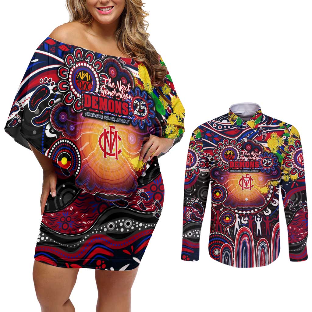 Personalised NAIDOC Week 2025 Demons Football Couples Matching Off Shoulder Short Dress and Long Sleeve Button Shirt Aboriginal Dot Painting