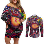 Personalised NAIDOC Week 2025 Demons Football Couples Matching Off Shoulder Short Dress and Long Sleeve Button Shirt Aboriginal Dot Painting