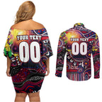 Personalised NAIDOC Week 2025 Demons Football Couples Matching Off Shoulder Short Dress and Long Sleeve Button Shirt Aboriginal Dot Painting