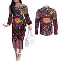 Personalised NAIDOC Week 2025 Demons Football Couples Matching Off The Shoulder Long Sleeve Dress and Long Sleeve Button Shirt Aboriginal Dot Painting