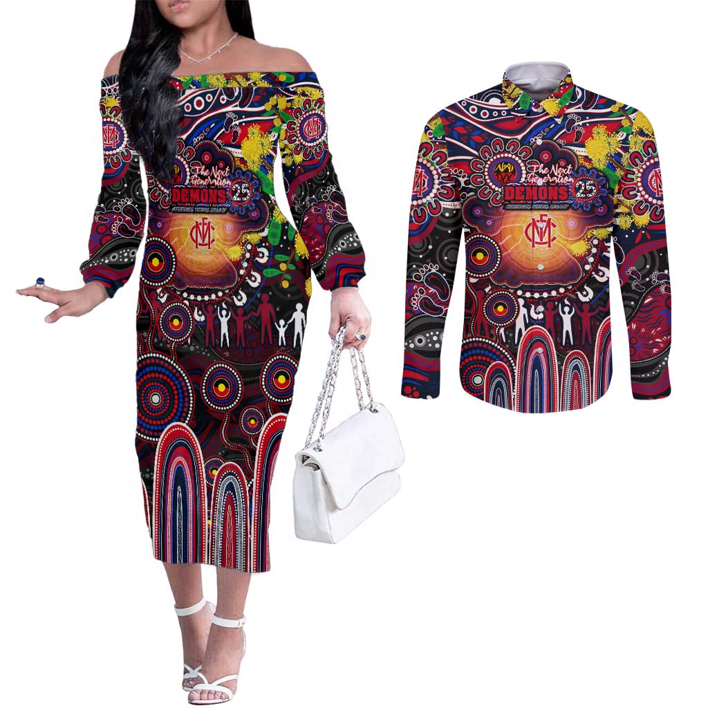 Personalised NAIDOC Week 2025 Demons Football Couples Matching Off The Shoulder Long Sleeve Dress and Long Sleeve Button Shirt Aboriginal Dot Painting
