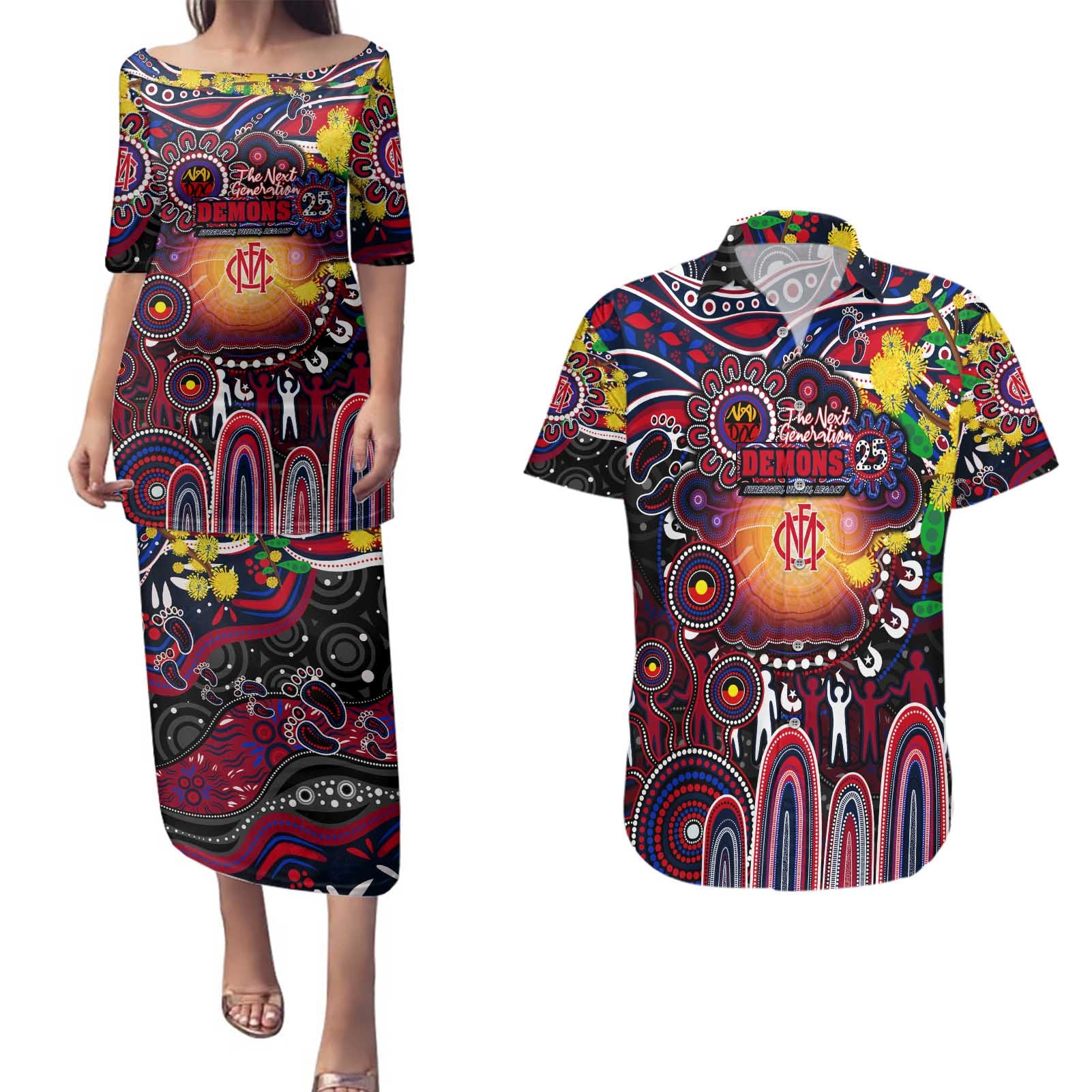 Personalised NAIDOC Week 2025 Demons Football Couples Matching Puletasi and Hawaiian Shirt Aboriginal Dot Painting