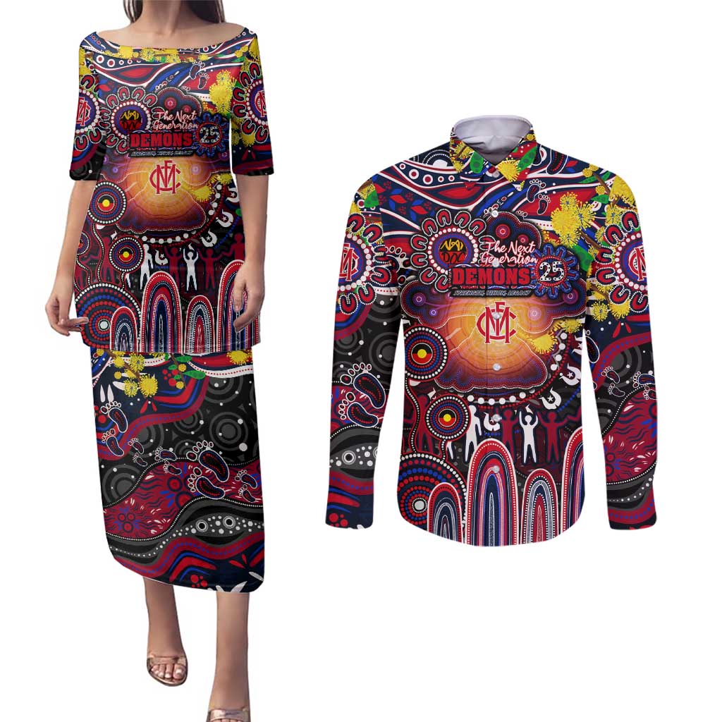 Personalised NAIDOC Week 2025 Demons Football Couples Matching Puletasi and Long Sleeve Button Shirt Aboriginal Dot Painting
