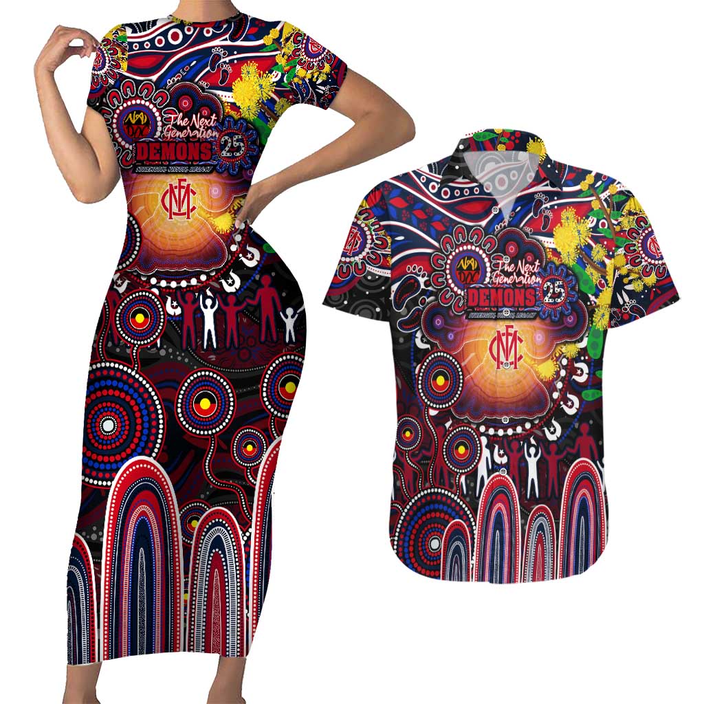Personalised NAIDOC Week 2025 Demons Football Couples Matching Short Sleeve Bodycon Dress and Hawaiian Shirt Aboriginal Dot Painting